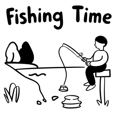 A child sitting on the edge of a dock, patiently holding a fishing rod with both hands. There is a fishing tackle box resting beside them. The calm lake reflects the surrounding trees in the water. Lush grass grows along the shore, and there are a few small rocks scattered around. A gentle ripple forms in the water where the fishing line descends. The words "Fishing Time" are written in playful letters at the top of the image.