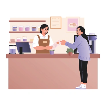 A barista standing behind a wooden coffee shop counter is handing a bill to a customer. The barista is wearing a brown apron over a white shirt and has shoulder-length dark hair. The customer, a young woman with long wavy hair and wearing a light blue sweater, is reaching out to accept the bill with a smile. In the background, there are shelves filled with coffee cups and jars of pastries, along with a coffee machine that is steaming. The walls are adorned with warm colors and framed artwork, creating a cozy atmosphere. A small potted plant sits on the counter, adding an inviting touch.