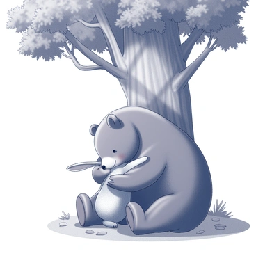 A large bear and a small rabbit are embracing each other affectionately beneath a towering tree. The bear has thick, rugged fur and a gentle expression, while the rabbit is small and fluffy with large ears perked up. The tree is majestic, with a wide trunk and sprawling branches that provide ample shade. The ground is covered with soft grass and a scattering of fallen leaves. Sunlight filters through the leaves, casting a dappled pattern on the ground, enhancing the warmth of the moment.