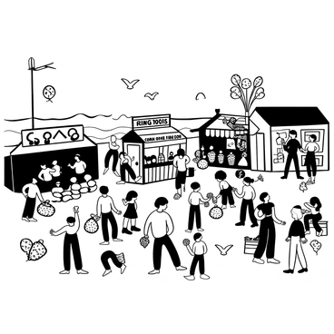 A bustling boardwalk by the sea filled with numerous people engaging in various activities. There are families gathered around colorful game stalls, some playing ring toss and others trying to win prizes. Food stalls are set up nearby, displaying large signs that read "Hot Dogs," "Corn on the Cob," and "Ice Cream." The scent of popcorn wafts through the air as children enjoy treats. Seagulls can be seen flying overhead, while a vendor sells balloons to excited visitors. In the background, waves crash gently against the shore, adding to the lively atmosphere.