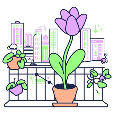A single blooming flower in a pot is positioned on a bustling city balcony. The flower features vibrant petals, fully open, and its stem is tall and green. The pot is round and made of terracotta, resting on a small wooden table. In the background, the city skyline is visible with tall buildings and various architectural styles. There are hints of activity, such as people walking below and cars passing by on the street. The balcony is decorated with a green railing and a few additional potted plants, creating a lively atmosphere.
