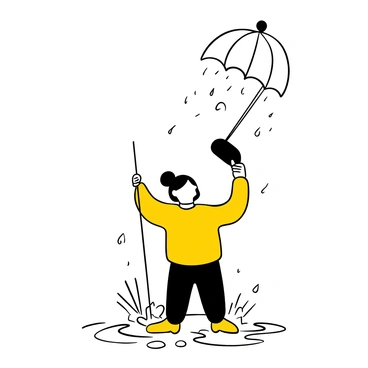 A mop with a raincoat and umbrella, splashing in puddles during a light rain