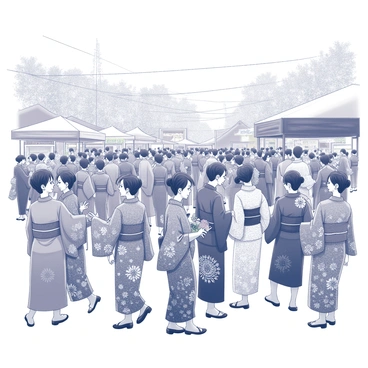 A busy city square filled with a large crowd of people. Festival-goers are wearing kimonos with intricate patterns and designs. Some kimonos feature floral motifs, while others display geometric shapes. The individuals are interacting with each other, engaging in conversation, and enjoying the festive atmosphere. In the background, there are food stalls and decorations, adding to the lively environment. The scene captures a moment of celebration and cultural expression.