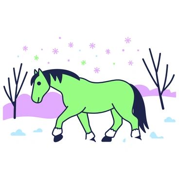 A horse is walking through a snowy landscape. The horse has a long mane that flows gently as it moves. The ground is covered in a thick layer of snow, creating an even white blanket across the terrain. Delicate snowflakes are falling from the sky, some landing softly on the horse's back, while others accumulate on the ground. In the distance, there are bare trees with branches dusted in white, completing the serene winter scene. The overall atmosphere is calm and tranquil, highlighting the horse's graceful movement through the winter wonderland.