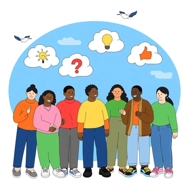 A group of diverse people standing together, each with a unique expression on their face. Above their heads, fluffy white clouds are formed, each cloud displaying different symbols and icons that represent various opinions and biases. One cloud features a light bulb symbol, indicating ideas, while another cloud has a heart symbol, representing emotions. A third cloud contains a question mark, showing curiosity, and a fourth cloud has a thumbs up symbol, depicting approval. The people are wearing colorful clothing, adding to the playful scene. The background is a bright blue sky with a few scattered birds flying by.