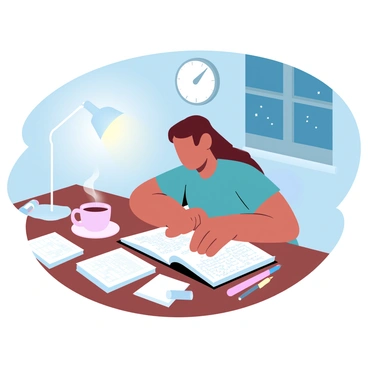 A student is sitting at a wooden desk covered with scattered notes and textbooks. The desk lamp casts a warm glow over the papers, creating a cozy atmosphere. The student is leaning forward, focused on a notebook filled with handwritten notes. A cup of steaming coffee is placed nearby, and a clock on the wall shows it is late at night. The room is dimly lit, with a single window showing a starry sky outside. A stack of highlighters and a pencil case can be seen beside the notebook.