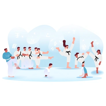 A karate class is taking place in a spacious dojo. Several students are lined up in a row, all wearing traditional karate uniforms. Each student is focused and practicing their kicks, with some performing high front kicks while others are executing side kicks. A few students are practicing punches, with their fists clenched and arms extended forward. The instructor, positioned at the front, is demonstrating proper stance and technique. The walls of the dojo are adorned with motivational kanji characters.