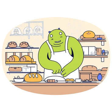 A large, green-skinned creature with stitches on its face is baking bread in a cozy bakery. The bakery has wooden shelves filled with various types of bread. The monster is wearing a white apron over a simple shirt and is carefully kneading dough on a wooden table. Soft light streams through the windows, illuminating flour dust in the air. A few loaves of freshly baked bread are lined up on a cooling rack nearby. A rolling pin and a bowl of ingredients are also present on the table. A warm, inviting atmosphere enhances the scene.