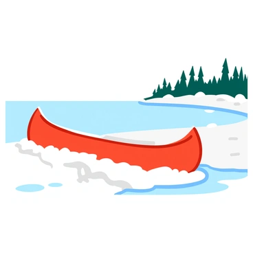 A snow-covered canoe resting on the edge of a frozen lake. The canoe, painted in bright red, is partially buried under a thick layer of soft, white snow. Its smooth, curved shape contrasts with the jagged ice of the lake surface. Surrounding the canoe, there are patches of glistening frost and a few scattered snowflakes gently falling from the pale gray sky. The frozen lake stretches out in the background, reflecting the muted light of the winter day. A line of tall, snow-topped pine trees borders the lake, adding a touch of greenery to the crisp, white landscape.