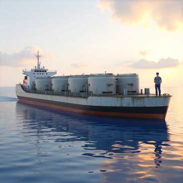 A large bunker barge floating on calm waters, painted in shades of grey and blue. The barge has large fuel tanks and a weathered deck, showcasing industrial features. In the foreground, a lone sailor stands at the edge of the barge, wearing a blue and white striped shirt and a navy cap, looking out toward the distant horizon. The sky above is filled with soft clouds, hinting at a gentle sunset with warm hues of orange and pink. The water reflects the colors of the sky, creating a tranquil atmosphere.