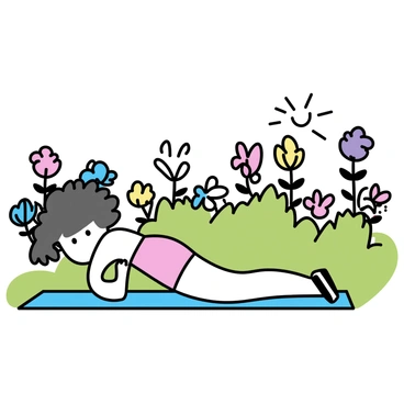 A person lying flat on their stomach, performing a plank pose on a vibrant green lawn. Surrounding them is a colorful garden filled with a variety of blooming flowers in shades of red, yellow, pink, and blue. The flowers are in different stages of bloom, creating a lively and cheerful atmosphere. The person is wearing athletic clothing, and their arms are extended parallel to their body. Sunlight filters through the leaves of nearby plants, casting dappled shadows on the ground.