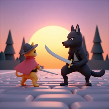 Puss in Boots, a cat wearing a small cowboy hat and a red cape, stands confidently with a drawn sword in one paw. His eyes are focused and determined. Opposite him, a rival character, a tall wolf dressed in dark attire, stands with a menacing expression, wielding a curved sword. The duel is taking place on a cobblestone street, with a backdrop of a vibrant sunset that casts an orange and purple glow across the sky. Silhouettes of trees can be seen in the distance, creating a dramatic atmosphere for the confrontation.
