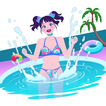 A young anime girl with large, expressive eyes and vibrant hair, tied up in playful pigtails, is joyfully splashing water at a poolside. She is wearing a colorful bikini adorned with floral patterns and bright hues. The sun is shining down, reflecting off the crystal-clear water of the pool. Nearby, there are inflatable pool toys, and a few tropical plants adding to the lively atmosphere. Water droplets are frozen in mid-air, creating a dynamic and energetic scene. The girl has a big, cheerful smile as she playfully interacts with her surroundings.