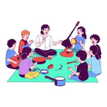 A white volunteer is sitting on a teal rug in a bright room filled with various musical instruments. The volunteer is smiling as they teach a group of children, who are sitting in a semi-circle around them, engaged and laughing. There are colorful instruments scattered around, including a red guitar, a yellow tambourine, and a blue drum. The children, a mix of boys and girls, are holding some instruments and clapping their hands in excitement, creating an atmosphere of joy and creativity.