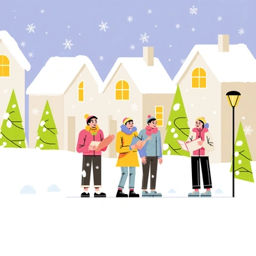 A quaint snow-covered village with small, cozy houses topped with thick layers of white snow. Each house features warm, glowing windows that illuminate the evening scene. In the foreground, a group of four people bundled in colorful winter attire are singing carols together, holding songbooks. Snowflakes gently fall around them, creating a festive atmosphere. Pine trees dusted with snow are scattered throughout the village, and a lighted street lamp stands nearby, adding to the charm of the scene.