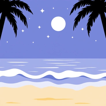 Waves gently crashing on the sandy shore, with each wave leaving a foamy residue on the beach. The scene is illuminated by a bright, round moon hanging in a clear night sky. Stars twinkle above, creating a serene atmosphere. Silhouettes of distant palm trees frame the edges of the image, swaying slightly in a gentle breeze. The moonlight casts shimmering reflections on the water surface, enhancing the tranquil mood of the beach scene.