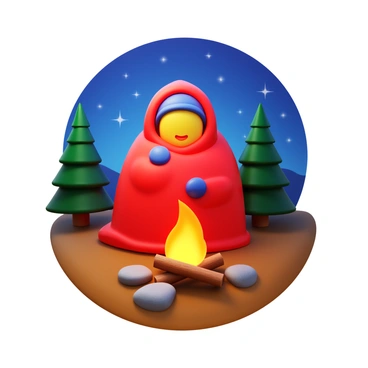 A person wrapped snugly in a bright red thermal blanket, sitting by a campfire. The thermal blanket is tightly secured around their body, with only their face visible, showcasing a slight smile. The person is wearing a warm hat and gloves, and there are pine trees in the background under a starry night sky. The campfire casts a warm glow, illuminating the person's face and the surrounding area.
