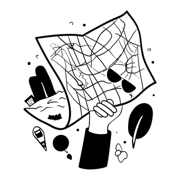 A right hand gripping an unfolded map, with the map displaying intricate street layouts and notable landmarks. Surrounding the hand are various travel essentials, including a compass and a pair of sunglasses. In the background, there are abstract representations of city buildings and trees, creating a sense of exploration and adventure.