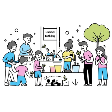 A group of people gathered in a park for a community event, celebrating "Earth Day." Several adults and children are engaged in activities such as "planting trees," using small shovels and saplings. Some individuals are sorting items at a "recycling station," with colorful bins labeled for paper, plastics, and metals. A banner saying "Celebrate Earth Day" is visible in the background, while a picnic area is set up with people enjoying refreshments. Sunlight filters through the trees, creating a pleasant atmosphere for the gathering.
