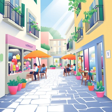 A narrow cobblestone street in Capri is filled with charming shops and cafes. The cobblestones are worn smooth from years of foot traffic, creating an uneven yet picturesque path. On either side of the street, small boutiques showcase vibrant displays of clothing and accessories. A cozy cafe with outdoor seating is adorned with colorful flower pots, while patrons enjoy their drinks under bright umbrellas. The buildings are painted in soft pastel colors, with wrought iron balconies overflowing with greenery. Sunlight filters through the leaves of nearby trees, casting dappled patterns on the cobblestones.