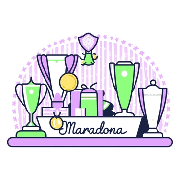 A collection of medals and trophies won by "Maradona" is displayed on a wooden shelf. The shelf is filled with various trophies, some are tall and gleaming with intricate designs, while others are smaller with shining surfaces. Among them, there are gold medals, each hanging from a colorful ribbon, reflecting light. The background features a subtle texture that complements the shine of the trophies, and a small plaque with the name "Maradona" is placed in front of the collection, engraved with elegant letters.