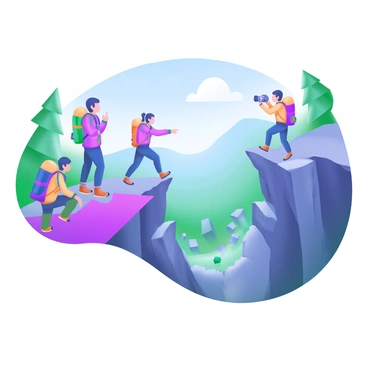 A group of four hikers stands at the edge of a chasm, looking down into the deep ravine below. The hikers are equipped with colorful backpacks and are wearing outdoor gear, including jackets and sturdy boots. The chasm features jagged rock formations and a rocky, uneven floor, visible in the faint light. Surrounding the chasm are tall, green trees and a clear blue sky overhead. One hiker points down into the depths, while another takes a moment to capture the scene with a camera. The atmosphere conveys a sense of adventure and exploration.