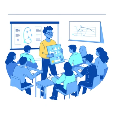A blue student stands confidently in front of a white classroom, engaged in presenting a project. The student is wearing glasses and a bright yellow shirt, holding a colorful poster board with illustrations. In the background, several classmates are seated at desks, attentively listening and taking notes. A large whiteboard is visible, displaying diagrams and charts that complement the student's presentation.