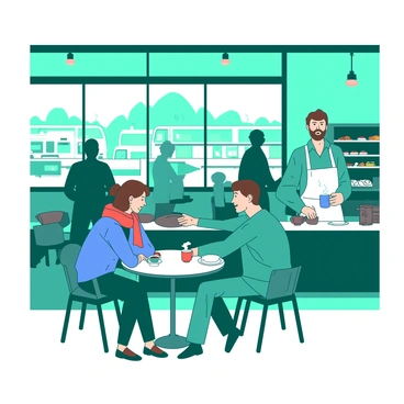 A teal cafe located inside a bus station features wooden furniture with warm lighting creating an inviting atmosphere. Several travelers are seated at small tables, each holding steaming cups of coffee. One traveler, a woman with a red scarf, is engaged in conversation with a man across the table, who is wearing a blue jacket. In the background, a barista with a white apron is preparing drinks behind the counter, surrounded by shelves filled with various pastries. Large windows display the bus station outside, where blurred silhouettes of buses and other travelers can be seen.