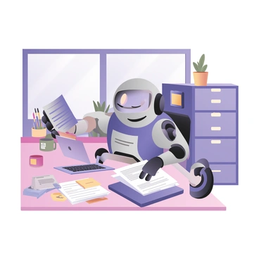 A friendly robot with a round body and a smiling face is sitting at a desk in an office. The robot has blue and silver colors, with a lighted screen display for a face and mechanical arms. It is holding a stack of papers in one arm, while the other arm is typing on a laptop. The desk is cluttered with office supplies, including pens, sticky notes, and a coffee mug. There is a filing cabinet in the background, along with a potted plant on the windowsill, allowing natural light to fill the space. The overall atmosphere conveys a busy yet organized office environment.