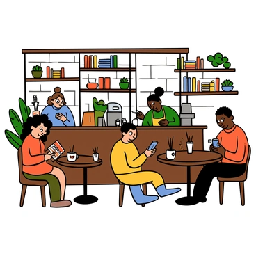 A cozy coffee shop filled with warm light and wooden furniture. Several customers with different skin tones are seated at various tables, enjoying their drinks. One customer is a light-skinned woman with big eyes and curly hair, sipping a latte while reading a book. Another customer is a dark-skinned man with big eyes and short hair, looking at his phone while holding a cup of coffee. There is a barista behind the counter preparing drinks, wearing an apron and smiling. On the walls, there are shelves filled with books and decorative plants, creating a welcoming atmosphere.