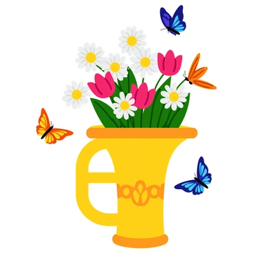 A shiny brass trumpet with intricate engravings sits prominently in the center. Colorful flowers, including vibrant red tulips and delicate white daisies, bloom energetically from the bell of the trumpet, their petals open wide and radiating freshness. Around the trumpet, several butterflies flutter gracefully, showcasing vivid patterns in shades of blue, yellow, and orange. The scene is filled with a sense of lively interaction, as the butterflies hover near the flowers and the trumpet, creating a harmonious blend of music and nature.