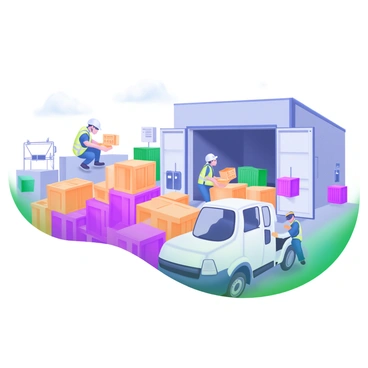 A modern pastel illustration of a bustling shipping hub. In the foreground, workers are loading various crates onto trucks, showcasing their activity and coordination. Each worker is dressed in safety vests and hard hats, demonstrating diligence and safety in their tasks. Surrounding the trucks, there are stacks of colorful crates in different sizes, some labeled with shipping information. In the background, a large warehouse building with open doors reveals more workers and equipment, while shipping containers are positioned nearby. The scene captures the dynamic and industrious atmosphere of the shipping hub.