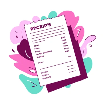 A white receipt with printed text is placed against a background filled with vibrant splashes of color in shades of pink and teal. The receipt displays several clear details such as the store name, date, and itemized list of purchases. Scattered around the receipt, abstract designs weave in and out of the splashes, enhancing the overall composition with dynamic curves and shapes. The colors blend seamlessly, creating an energetic and lively contrast to the structured format of the receipt.