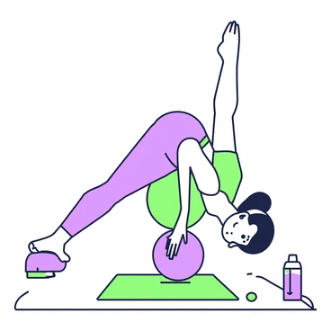 A person is balancing on a yoga ball while maintaining a plank position. They have a determined expression on their face, with beads of sweat visible on their forehead. The individual is wearing a fitted workout outfit, consisting of a short-sleeve top and leggings. Their arms are extended straight, supporting their weight, while their legs are extended behind them, toes pointed. The yoga ball is brightly colored, contrasting with the surroundings. The area around them includes exercise mats and a water bottle, indicating a workout environment.