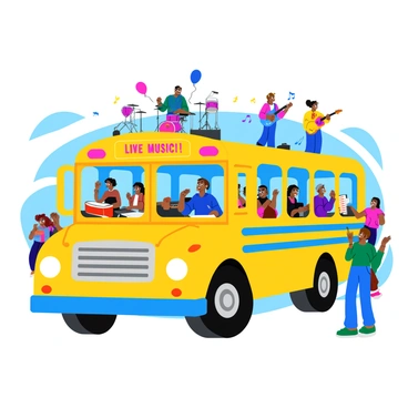 A colorful magic school bus with bright yellow and blue accents is transformed into a stage for a lively music concert. The bus is parked at an outdoor venue, surrounded by a cheering crowd of diverse children and adults. The front of the bus features a large banner that reads "LIVE MUSIC!" in bold, vibrant letters. On top of the bus, musicians are performing, playing various instruments like guitars, drums, and keyboards. Colorful lights are shining down, illuminating the scene with a festive atmosphere. Balloons and streamers flutter in the breeze, adding to the energetic vibe of the concert.