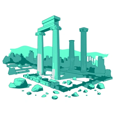 A teal illustration depicts the ancient ruins of Baalbek, showcasing its majestic columns standing tall against the sky. The intricate carvings on the columns are visible, highlighting the architectural details. Surrounding the ruins, there are remnants of stone walls and pathways, integrating elements of history into the scene. The ground is scattered with fragments of stone, giving a sense of the passage of time. The overall composition captures the grandeur and significance of this historical site.
