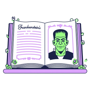 An open vintage book lies on a wooden surface, displaying an intricate illustration of "Frankenstein's monster." The page features detailed line work depicting the monster with a prominent forehead, rugged features, and scars across his face. The background includes faint text in an elegant font describing the creature. The edges of the pages are slightly worn, and a hint of a floral design can be seen in the corners of the illustration. A soft light casts subtle shadows, enhancing the textures of the pages and the illustration.