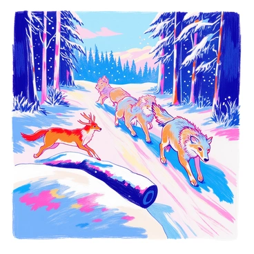 A pack of wolves is depicted running swiftly through a snowy forest landscape. Each wolf has thick fur, showcasing shades of gray and white, and their eyes are bright and fierce. The lone deer, with a dappled brown coat, is leaping gracefully over a snow-covered log, its ears perked and alert. Tall pine trees, blanketed in snow, rise in the background, and the ground is a thick layer of fresh snow that crunches underfoot. Flurries of snowflakes are swirling in the air, adding to the wintry atmosphere of the scene.