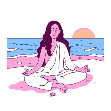 A person with long dark hair is sitting in a cross-legged meditation pose on a sandy beach. The individual is wearing a white loose-fitting garment, with their hands resting gently on their knees. The ocean waves are lapping softly at the shore, creating a rhythmic sound in the background. A few seashells are scattered around the person's feet. The sky above is clear, with a warm glow of orange and pink hues from the setting sun reflecting on the water's surface.