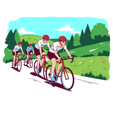 A group of cyclists wearing vintage 1960s gear, including striped jerseys and leather helmets, is racing down a winding countryside road lined with lush green trees. The cyclists are positioned in dynamic poses, with one rider leaning forward aggressively while another is standing atop the pedals for extra speed. Brightly colored vintage bicycles in red and blue complement the scene. In the background, a clear blue sky stretches over the rolling hills, and there are patches of wildflowers adding splashes of color along the roadside.