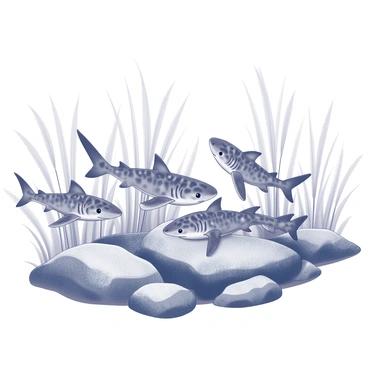 A group of baby leopard sharks, with distinctive patterns on their skin, is swimming gracefully among the sea grass. The environment is filled with textured rocks, providing shelter for the small sharks. The soft, flowing sea grass sways gently around them, creating a natural habitat. The sharks appear playful, occasionally darting in and out of the grass and around the rocks, showcasing their agile movements.