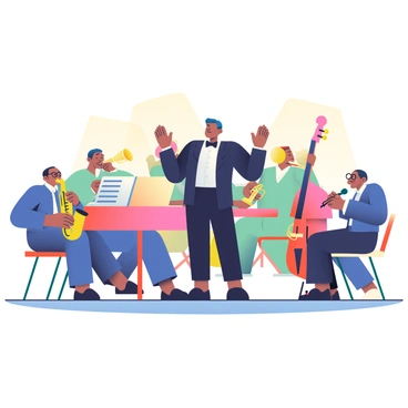 A large jazz orchestra is on stage, with a conductor standing in front of the ensemble, energetically leading the performance. The orchestra consists of musicians playing various instruments, including saxophones, trumpets, trombones, and a double bass. Each musician has a concentrated expression as they focus on their instruments. The conductor, wearing a black suit and bow tie, has one arm raised, guiding the tempo with confidence. The stage is illuminated with bright lights that highlight the musicians and their instruments, creating a lively atmosphere. In the background, a grand piano is positioned beside the brass section, and a set of drums is set up further back, adding to the dynamic scene.