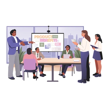 A sales team presenting to clients with a projector displaying their product benefits