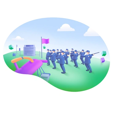 A modern pastel illustration depicting a group of soldiers in uniform performing a synchronized military drill on a training ground. The soldiers are lined up in precise formation, showcasing their disciplined movements. Surrounding them are green grassy fields and a bright blue sky above, with a few fluffy clouds scattered. In the background, there are training equipment and flags fluttering in the wind, adding context to the scene. The focus is on the soldiers as they execute their drill with focus and coordination.