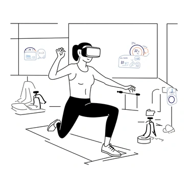 A person wearing a virtual reality headset is in a spacious, modern gym setting. They are positioned on a padded exercise mat, performing glute kickbacks. The individual is dressed in fitted athletic wear, showcasing a focused expression as they engage in the exercise. Around them, various fitness equipment is visible, including weights and resistance bands. Digital metrics and holographic displays with workout stats hover in the air, providing an immersive virtual reality experience. The gym has large windows that allow natural light to illuminate the space.