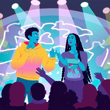 Two rappers, one with short curly black hair and wearing a bright yellow hoodie, and the other with long braids and a graphic T-shirt, are passionately exchanging verses. They are positioned at the center of a vibrant urban stage, surrounded by colorful graffiti murals. A lively crowd of diverse fans is gathered in front of them, some with hands raised, showing excitement. Colorful stage lights illuminate the scene, creating dynamic shadows and highlights as the rappers engage with the energetic audience. The atmosphere is charged with enthusiasm and excitement, capturing the essence of a live performance.