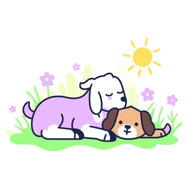 A baby goat and a puppy cuddling together in a sunny spot.