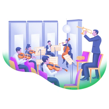 A modern pastel illustration depicting a group of musicians rehearsing a symphony in an orchestra hall. The musicians are playing various instruments, including violins, cellos, flutes, and trumpets. They are seated on wooden chairs arranged in a semi-circle. Sheet music is placed on stands in front of them, and a conductor is standing at the front, waving a baton. The acoustic panels and large windows of the orchestra hall are visible in the background, as well as a large chandelier hanging from the ceiling. The atmosphere is focused and collaborative, showcasing the musicians' dedication to their craft.
