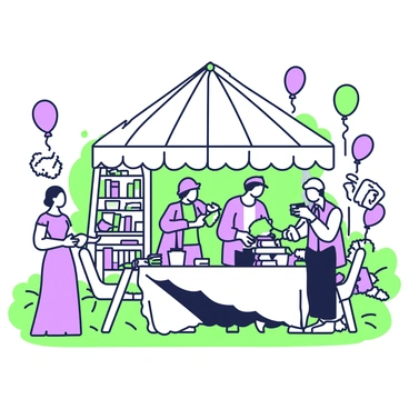 A garden party is set in a lush green garden filled with colorful flowers. There are several tables arranged under a large gazebo, each adorned with stacks of books and small decorative items related to literature. Guests are mingling, dressed as various literary characters. On the left, a woman in a long flowing dress resembling a character from a classic novel stands holding a teacup. Nearby, a man dressed as a famous detective is examining a book, while another guest in a whimsical outfit inspired by a fantasy tale shares stories with a group. Balloons and streamers in a whimsical design float above the guests, adding to the festive atmosphere. In the background, a bookshelf filled with an array of books leans against a tree.