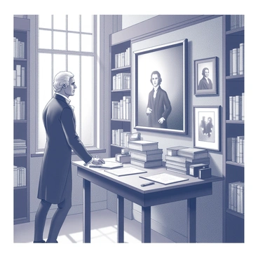 A historical figure resembling Thomas Jefferson is standing in a study, gazing thoughtfully at a large piece of fine art hanging on the wall. The room is filled with bookshelves filled with stacked books and various artifacts. A wooden desk is positioned nearby, cluttered with documents and writing instruments. The study has a warm ambiance, with natural light streaming through a window, illuminating the scene. Jefferson's expression is one of appreciation and contemplation, reflecting his interest in art and culture. The walls are adorned with additional framed artworks, enhancing the scholarly atmosphere of the room.